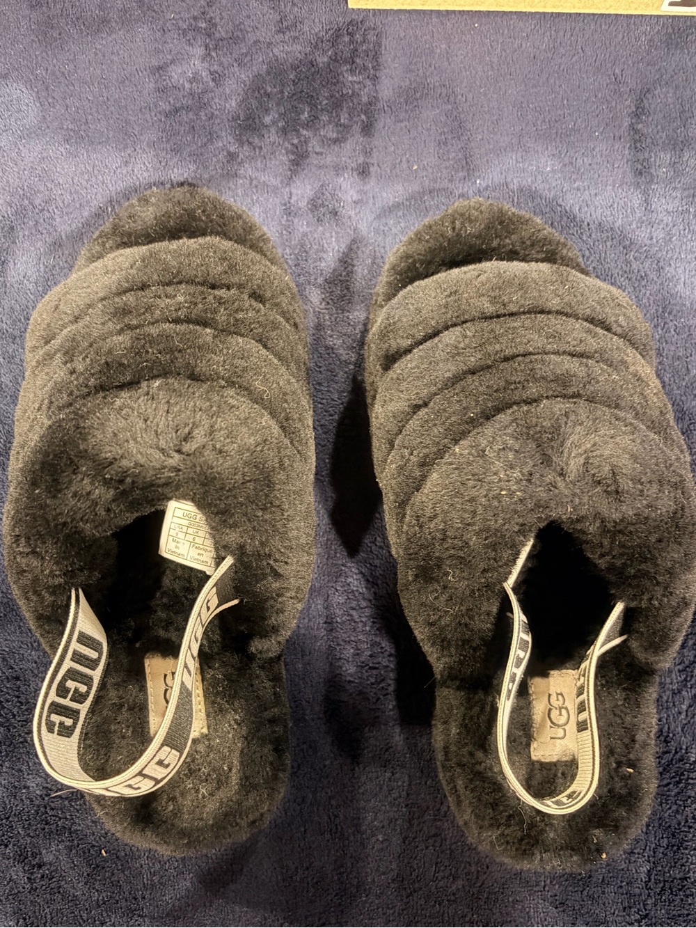 UGG women’s Black Fluff Slide Sandals with Branded Heel Strap
